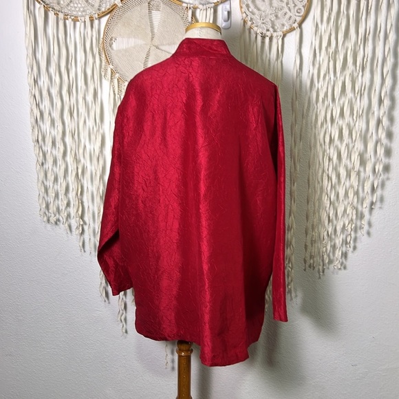 Eileen Fisher Woman Red Crinkle Silk Mandarin Collar Button Down Shirt Jacket 3X - Picture 3 of 12